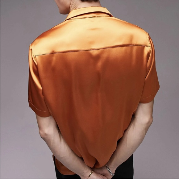 Topman Premium XL 44” Short Sleeve Satin Shirt Dark Burnt Orange Rust Night Out - Picture 2 of 3